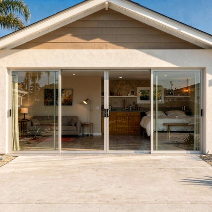 studio style ADU interior with bedroom and kitchen in Los Angeles by 5 Star ADU LA